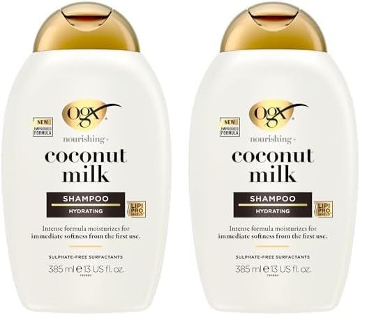 OGX Nourishing Coconut Milk Shampoo for Strong, Healthy Hair with Coconut Oil, Egg White Protein, Sulfate-Free, 13 fl oz (Pack of 2)