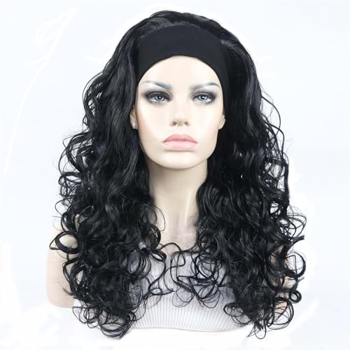 Aimole Long 22" Curly 3/4 Women Wigs With Headband Soft Layered Wig Heat Resisting Fiber Synthetic Hair (1 Black)