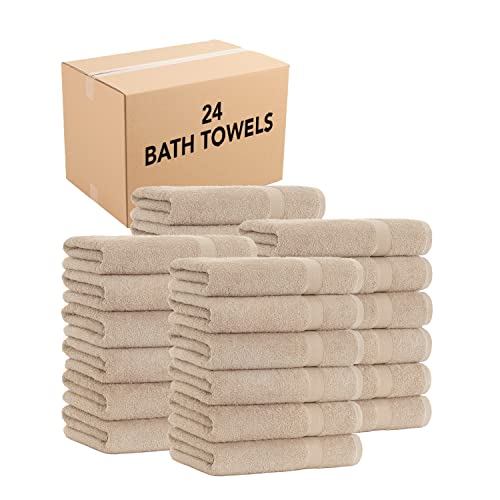 Arkwright True Color Solid Bath Towels - Soft 100% Cotton Bulk Bathroom Towel Set of 24 - Lightweight 475 GSM, Absorbent, and Quick Dry, 25 x 52 in, Beige