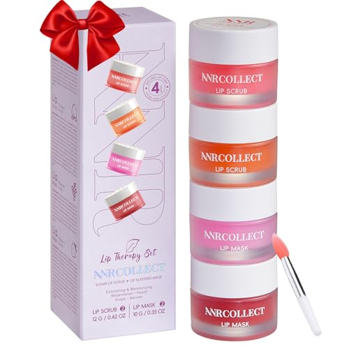 ANRCOLLECT Lip Scrub & Lip Mask - Overnight Treatment Lip Care Kits with 2 Lip Exfoliator & 2 Sleeping Lip Balm, Intense Hydration Lip Set for Dry Chapped Cracked Lips, Exfoliate & Moisturize (4 Pack)