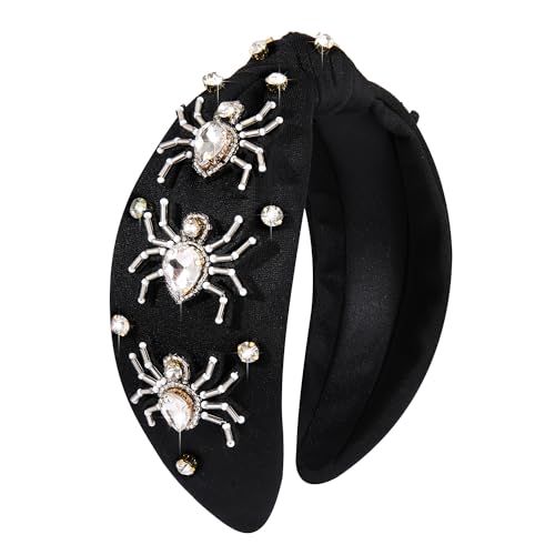 ZITULRY Halloween Headbands Rhinestone Knotted Headband for Women Crystal Spider Candy Corn Jeweled Embellished Wide Top Knot Hairband Halloween Cosplay Party Hair Accessories