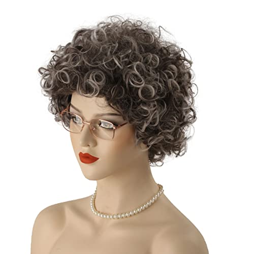 QACCF Grey Old Lady Wig Short Curly Granny Costume Grandma Glasses and Pearl Necklace Wig (Black Gray)