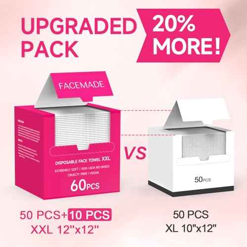 FACEMADE 60 Count XXL Disposable Face Towels 12" ¡¿ 12", 100% USDA Biobased Face Towelettes Disposable, Clean Facial Towels for Makeup and Clean Skin, Super Soft and Thick Dry Wipes Club
