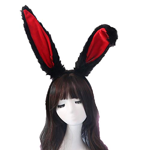 Jilneed Bunny Ears Headband,Plush Hair Accessories for Women Girls Cute Rabbit Ears Headbands (Black Red)