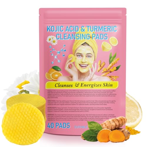 Turmeric Cleansing Pads, Kojic Acid & Turmeric Cleansing Pads,Turmeric Pads for Face Dark Spots, Curcumin Turmeric Cleansing Cotton Pads, Turmeric kojic pads, Turmeric Cleansing Pads for Face (40 PCS)