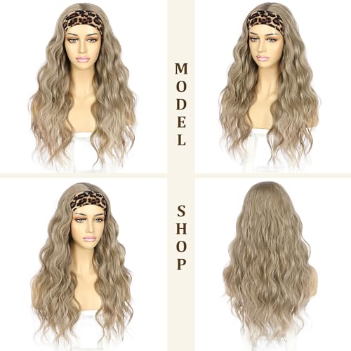 SAPPHIREWIGS Brown Headband Wigs Synthetic Long Loose Wavy Hair Mix Light Brown Hair Glueless Headband Wigs Body Wave Wigs for Women Half Wigs with Headbands Attached Daily Use 26 Inch