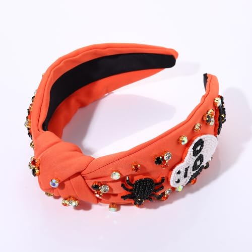 NVENF Halloween Headband Accessories for Women Crystal Pearl Knotted Headband Embellished Beaded Pumpkin Candy Corn Boo Headbands Rhinestone Jeweled Top Knot Headband Costume Party Favors (Ghost 4)