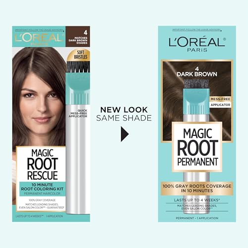 L’Oréal Paris Magic Root Permanent Hair Color, 10 Minute Root Coloring Kit with 100% Gray Hair Coverage, 4 Dark Brown, 1 Count