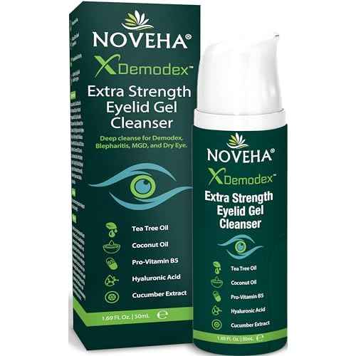 NOVEHA Demodex Extra Strength Eyelid Gel Cleanser - for Demodex, MGD and Dry Eye with Pro-Vitamin B5, Tea Tree Oil, and Hyaluronic Acid - Gentle Cleansing, Soothes Itchy Eyelid - 50mL (1 Pack)