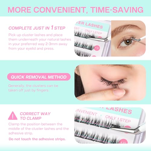 CALAILIS Self Adhesive Eyelashes 60Pcs D Curl Press on DIY CLuster lashes No Glue Needed Wispy Lash Clusters Pre Glued Reusable Glueless Eyelash Clusters Kit with Tweezers for Beginners (703)