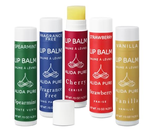 ALIDA PURE Melody Lip Balm Collection, Vegan Lip Balm Set, Beeswax Free, with Avocado Oil, Organic Jojoba Oil, and Vitamin E, Natural Moisturizer for Dry, Chapped Lips, 5 Tube Set