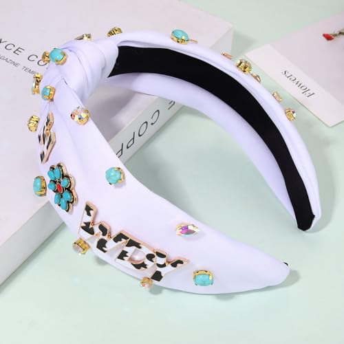 Western Cowgirl Headband Accessories for Women Cowgirl Cowboy Boot Embellished Headband Rhinestone Crystal Pearl Top Knot Headband Rodeo Nashville Bachelorette Party Country Concert Outfit (White 2)