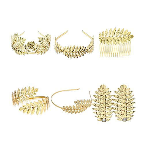 N/Q 6Pcs Greek Roman Laurel Wreath Leaf Bracelet ArmbandCrown Branch for Women Adjustable Upper Armlet Arm Cuff Headband Hair Comb Headpiece Bridal Wedding Jewelry Set-A gold