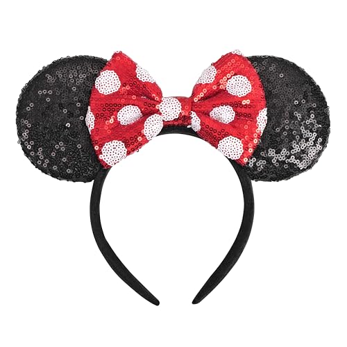 Seamoy Mouse Ears headband,2pcs Sequin Headband Glitter Hairband for Baby Shower Headwear Halloween Theme Party Decoration(Red&Polka dot)