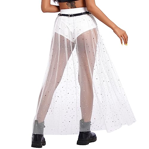 Women's Sheer Mesh 2 in 1 Glitter Sequin Elasticized High Waist A Line Party Maxi Skirt Sparkle Galaxy Sequin Tulle Cover ups Festival Outfits Costume White Stars S