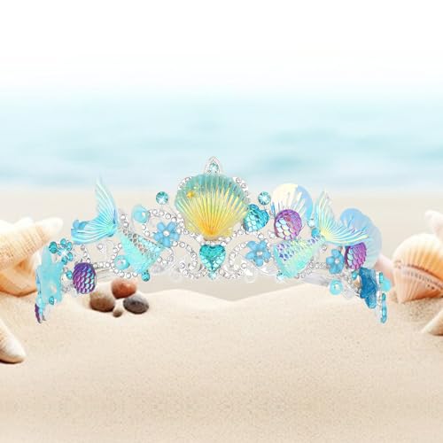 BAHABY Mermaid Crown for Birthday Decorations - Seashell Tiaras for Women Girls, Mermaid Costume Princess Crown - Blue