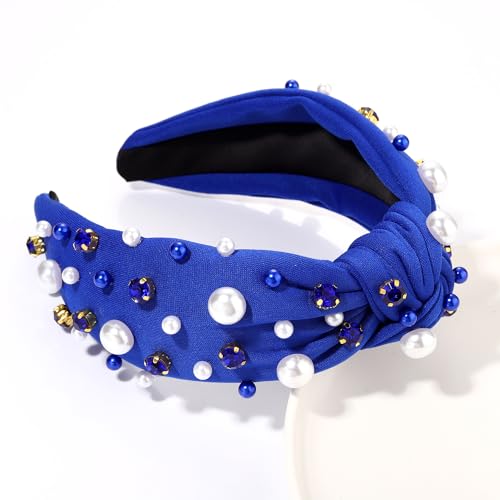 GLBCC Pearl Knotted Headband, Blue, Football Game Day Hairband with Rhinestone Embellishment, Wide Headband for Women, Sports Hair Accessories, Fashion Ladies Headband, One Size Fits All