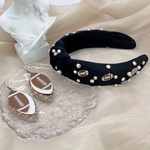 DTESL Women's Fashion Football Headband | Pearl Rhinestone Jeweled | Knotted Headband for Girl's | Fashion Cute Wide Headband | Game Day Decorative Hair band for Football Mom'sThick Hair