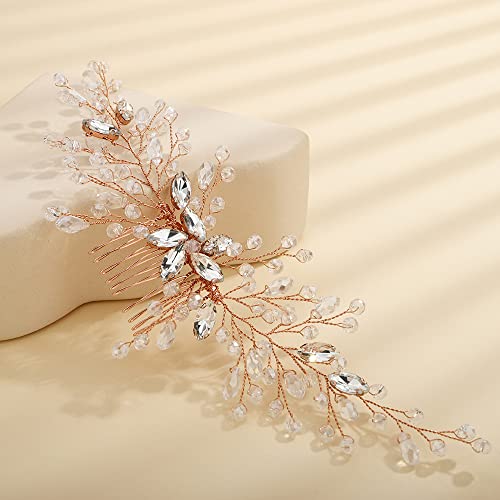 Teyglen Women Rhinestones Flower Bride Wedding Hair Comb Headband Handmade Hair Pieces Hair Accessories Shiny Crystals Bridal Side Hair Combs for Women Bride Girls (Rose Gold)