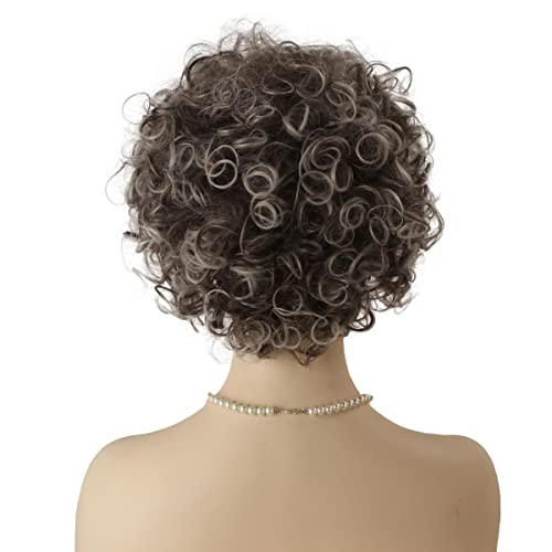 QACCF Grey Old Lady Wig Short Curly Granny Costume Grandma Glasses and Pearl Necklace Wig (Black Gray)