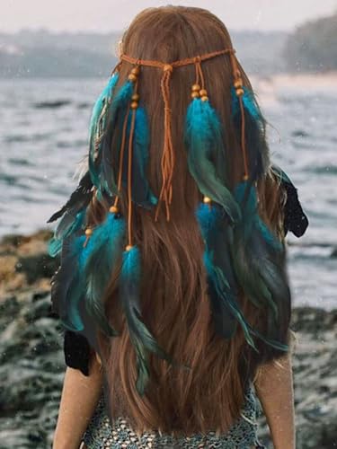 GORTIN Boho Feather Headband Hippie Headband Gypsy Feather Headpiece Indian Costume Headwear Hair Accessory for Women (A-Blue, One size)