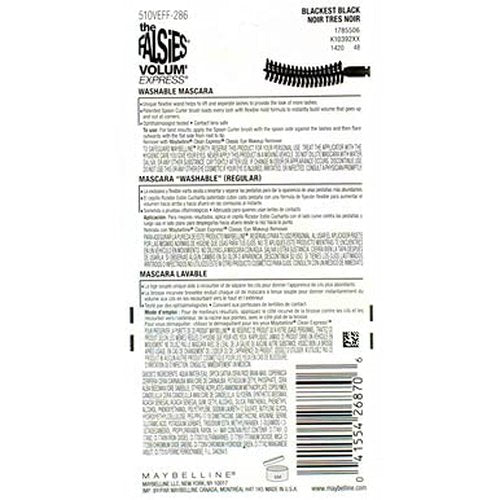 Maybelline New York, Volum' Express The Falsies Flared Washable Mascara, Blackest Black 00, 1 Count
