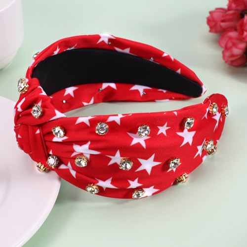 Ardorchid 4th of July Headbands for Women Girls America Independence Day Patriotic Headbands Rhinestone Knotted Wide USA Red Star Hair Accessories Celebration Party Headwraps