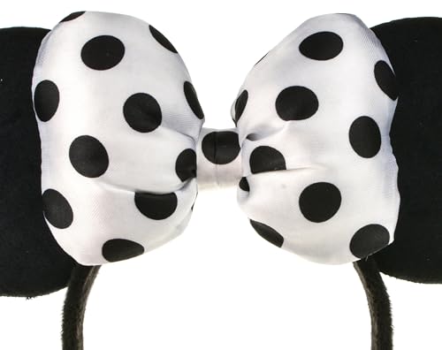 A Miaow 3D Black Mouse Velvet Ears Headband MM Polka Dot Satin Bow Hair Clasp Women Adults Costume Supply Holiday Park Headwear (Black and Pink, One Size)