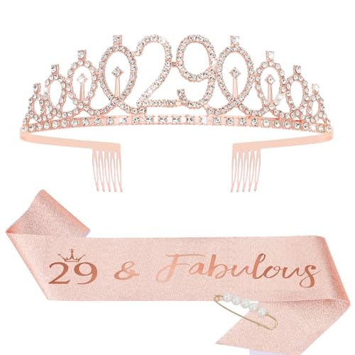 CIEHER 29th Birthday Crown, Sash and Pearl Pin Set, Rose Gold, Women Friends Birthday Gifts