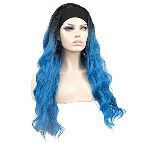 Aimole Long 24" Wavy Wigs 3/4 Women Wig With Headband Black Blue Ombre Synthetic Hair (1+T4330)