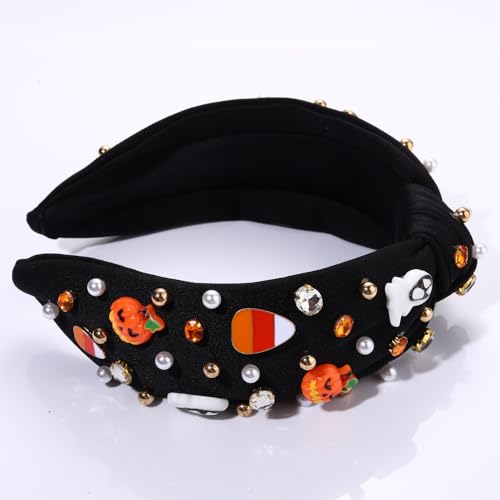 Halloween Headband Rhinestone Knotted Headband for Women Pumpkin Corn Ghost Charm Crystal Embellished Wide Top Knot Hairband Halloween Cosplay Party Hair Accessories