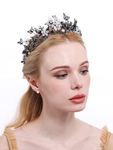 Brihasory Butterfly Queen Birthday Crowns Gold Tiaras for Bride, Crystal Royal Princess Wedding Rhinestone Headband, Costmue Party Christmas Halloween Black Prom Headpiece for Women and Girls (Black)