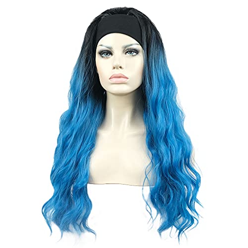 Aimole Long 24" Wavy Wigs 3/4 Women Wig With Headband Black Blue Ombre Synthetic Hair (1+T4330)