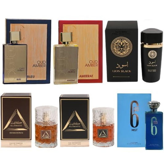 VENEZIO PROFUMO Arabic Inspired Perfume Set, 6 Bottles Collection, Oud Amber, Oud Amber Bleu, Klamath, Lion Black, Klamath, 6PM Mist, 3.4 fl oz Each