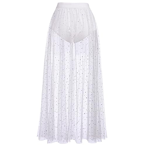 Women's Sheer Mesh 2 in 1 Glitter Sequin Elasticized High Waist A Line Party Maxi Skirt Sparkle Galaxy Sequin Tulle Cover ups Festival Outfits Costume White Polka Dot S