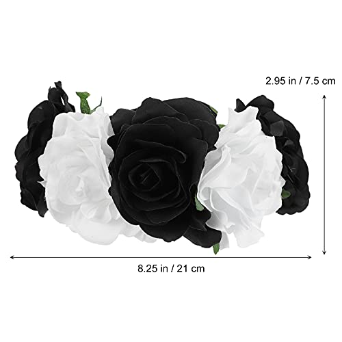 Lurrose Halloween Flower Headband Day of The Dead Flower Hair Band Rose Flower Crown Floral Headpiece for Halloween Wedding Party, Black White