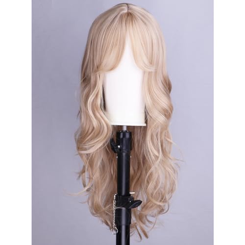 BERON Blonde Wigs Long Curly Wavy Women Wigs with Bangs Ash Blonde Curly Heat Resistant Synthetic Wigs for Daily Wigs Wig Cap Included