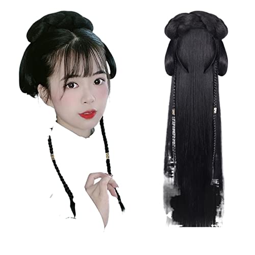 Oligage Hanfu Wig Headband Women Chinese Style Hair Piece Antique Modelling Cosplay Pad Hair Accessorie Headdress Black (Color : VM137-2)