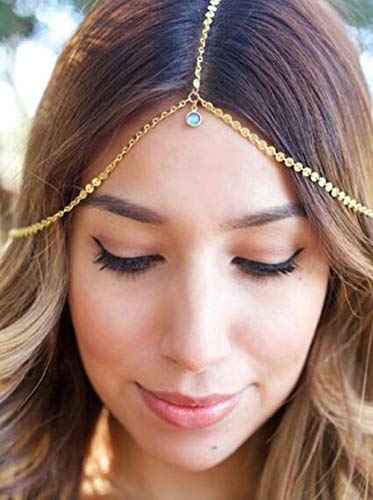 Missgrace Wedding Bridal Goddess Bohemian Silver Gold Blue Rhinestones Drop Sequins Head Chain Hair Jewelry Head Piece Gypsy Hair Accessories for Women and Girls (Gold)