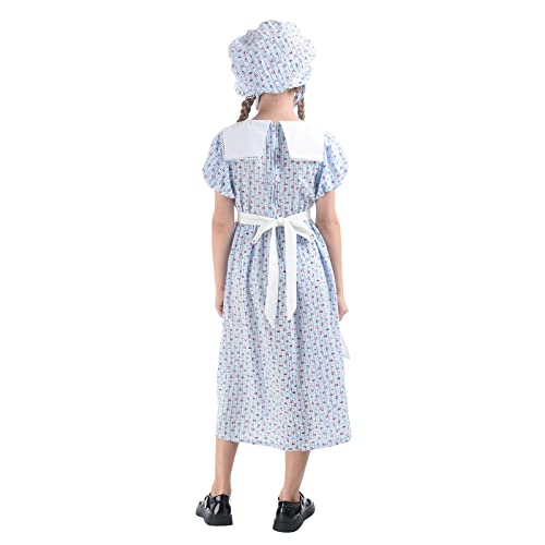 LTAKK Prairie Dresses Girls Pioneer Colonial Costume Girl Pilgrim Dress with Apron and Bonnet, Blue Plaid Floral, Small