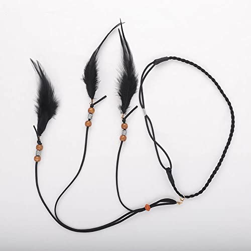 Jumwrit Boho Feather Headband Indian Hippie Gypsy Headpiece Black Feather Tassel Headdress Hemp Rope Beaded Hairband Hair Accessories for Women and Girls Festival Party Decoration