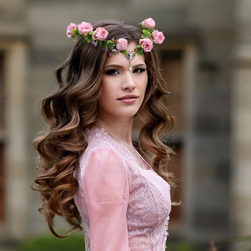 RENEMEGO Pink Rose Fairy Crown - Handmade Floral Crown Elf Floral Headband with Heart Crystal Elven Leaf Headpiece Hair Wreath for Women Girls Wedding Cosplay Party Maternity Props Accessories