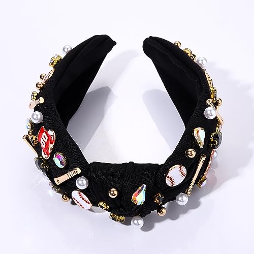 MOLOCH Baseball Knotted Headband Game Day Headbands for Women Jeweled Crystal Pearl Wide Sports Headband Game Day Hair Accessories Sports Fan Gifts