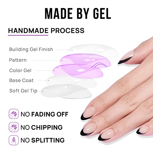 BTArtbox Press On Nails Short - Black French, Almond Press On Nails with Glue and Adhesive Tabs for Women in 16 Sizes - 32 Soft Gel Glue On Nails Kit