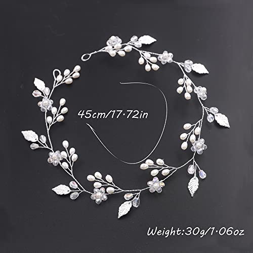 Teyglen Wedding Bride Rhinestones Pearls Crystal Headband Hair Vine Handmade Bridal Rose Gold Flower Beads Leaf Headband Wedding Hair Accessories for Brides Floral Hair Pieces Headpieces for Women