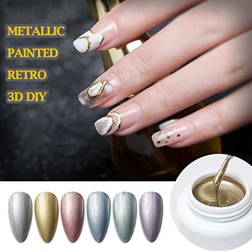 LOKFAR 6 Colors Metallic Nail Polish Nail Art Gel Polish Set, 3D Reflective Metallic Painted Nail Gel Liner Nail Art Polish Emboss UV Gel Nail Polish Gel Paint Nail Painting Kit for DIY Art Nail Salon