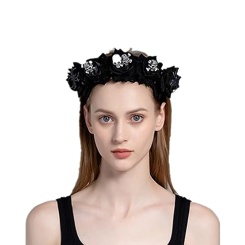 Halloween Skull Floral Crown Headband Mexican Day of the Dead Costume Gothic Rose Flower Garland Headwear Hair hoop for Women