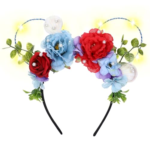 VISSTREE Handmade LED Light Up Flower Mouse Ear Headband - Black, for Women's Themed Parks, Weddings and Birthday Hair Accessories