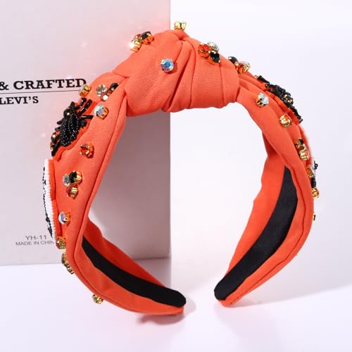 NVENF Halloween Headband Accessories for Women Crystal Pearl Knotted Headband Embellished Beaded Pumpkin Candy Corn Boo Headbands Rhinestone Jeweled Top Knot Headband Costume Party Favors (Ghost 4)