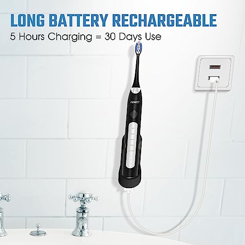 PERECT Ultrasonic Electric Toothbrushfor Adults, Rechargeable Sonic Care Electric Toothbrush, 35,000 VPM, 6 Replacement Heads & Travel Case, 5 Modes 4 Intensities IPX7 Waterproof, Smart Timer, Black